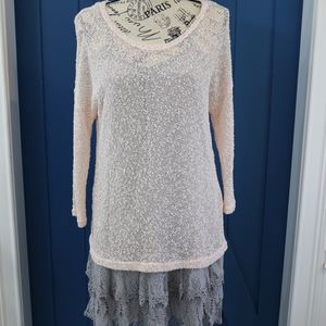 Pink sweater with gray lace dress extender